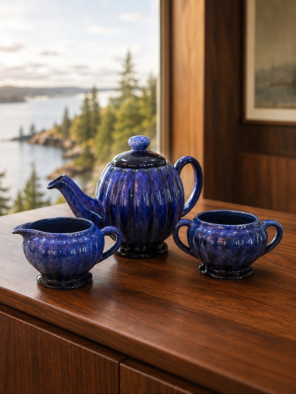 Canuck Pottery Evangeline Cobalt Tea Set Teapot Creamer Sugar Bowl Canada